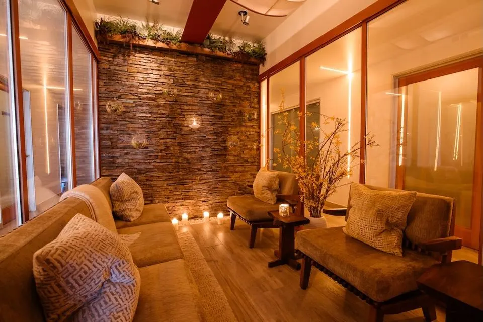 A dimly lit waiting room at ole henriksen spa